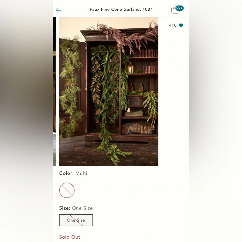 Anthropologie‎ Pine Garland with Green Foliage and Brown Pinecones